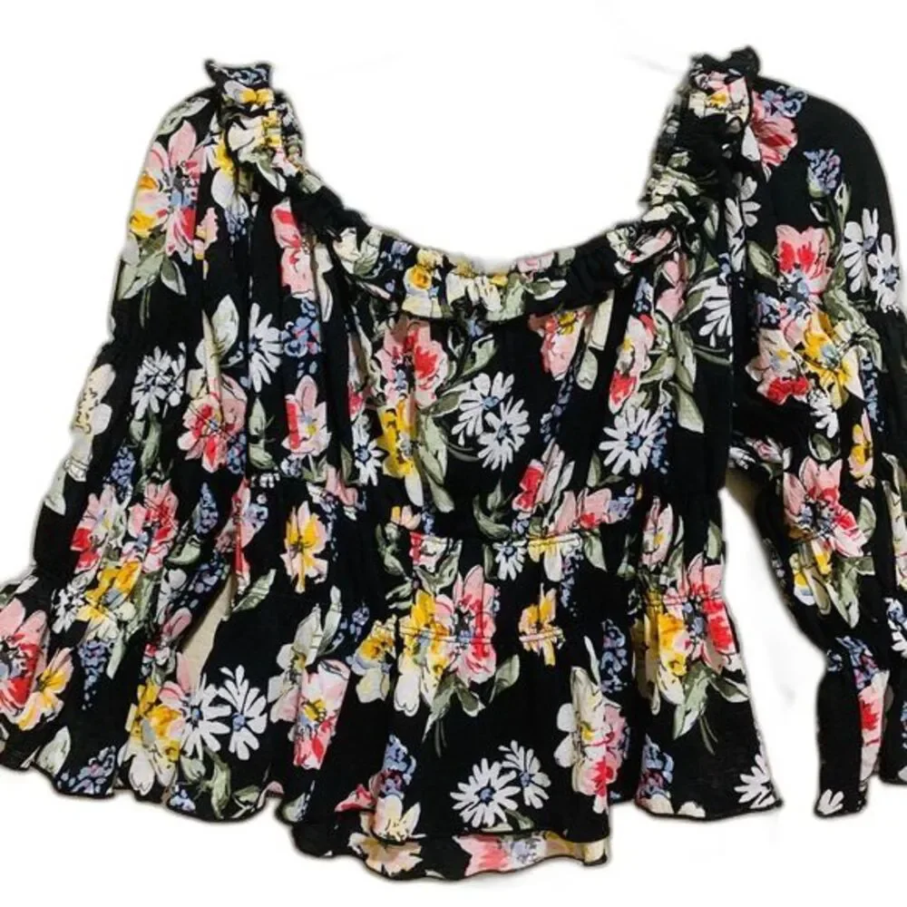 Forever 21 black top women floral  smock waist crop top size M boho streetwear - Picture 2 of 8